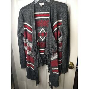 St. Johns Bay Woman L Cardigan Red Grey Waterfall Fringe Argyle Long Sleeve